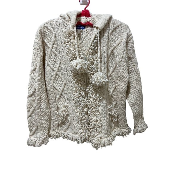 Ecuadorian Hand Knit Cream Colored Full Zip Hooded Sweater Wool Cotton Blend - Picture 1 of 3